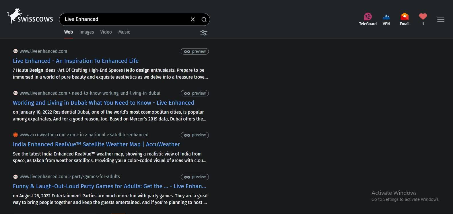 Swisscows search engine Search query "Live Enhanced"