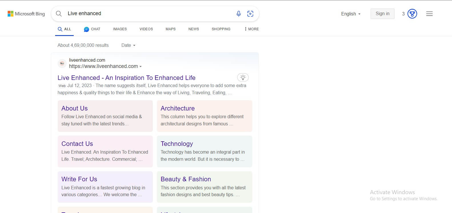 Bing search engine Search query "Live Enhanced"