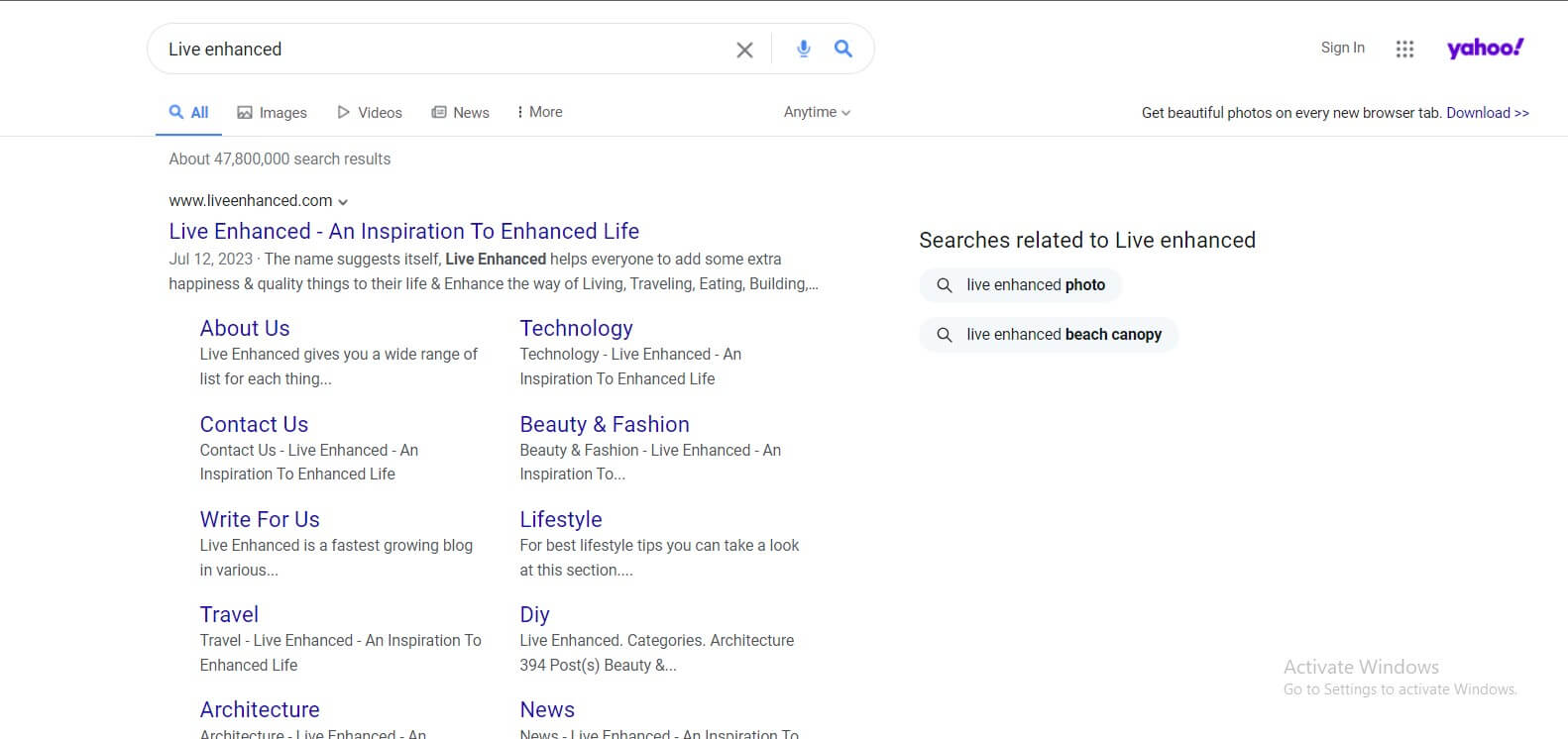 Yahoo search engine Search query "Live Enhanced"
