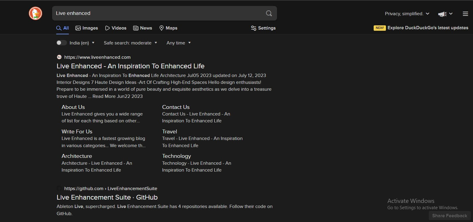 DuckDuckGo search engine Search query "Live Enhanced"