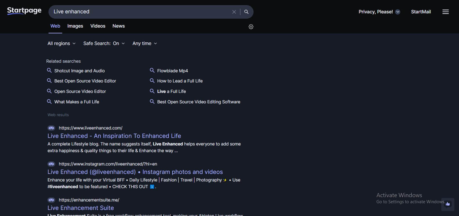 Startpage search engine Search query "Live Enhanced"