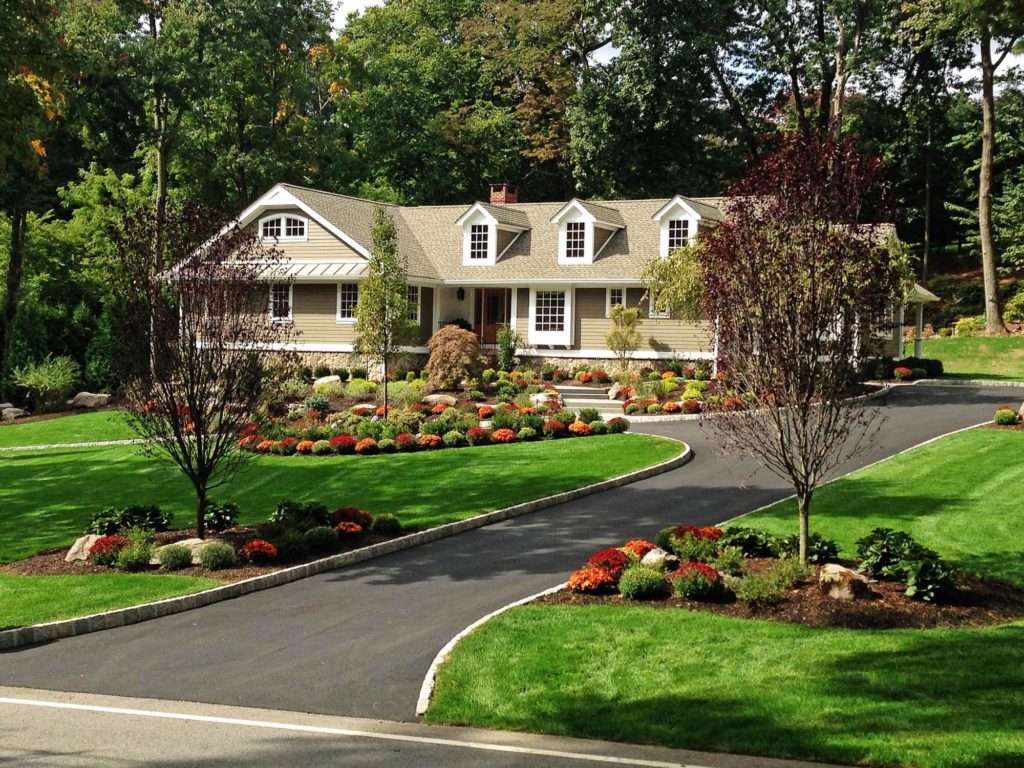 Street House big Front Yard Landscaping with pathway to the home