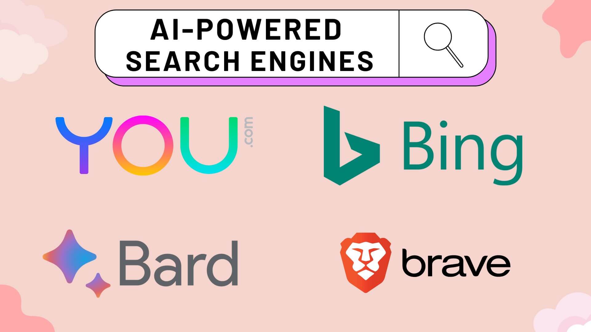 Creative Showing Top AI search engines includes You, Bing, Bard, Brave AI