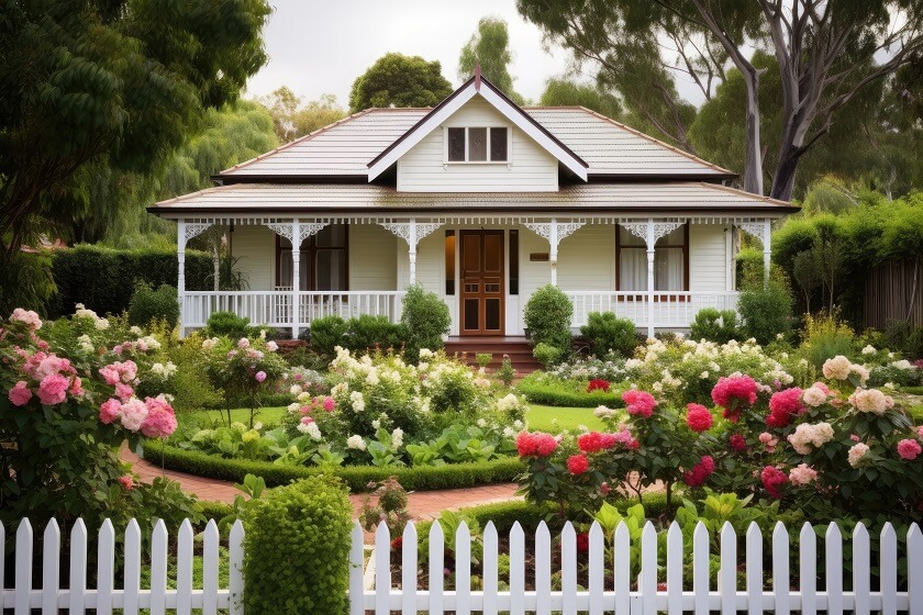 White Townhouse front yard landscaping with Privact Fench