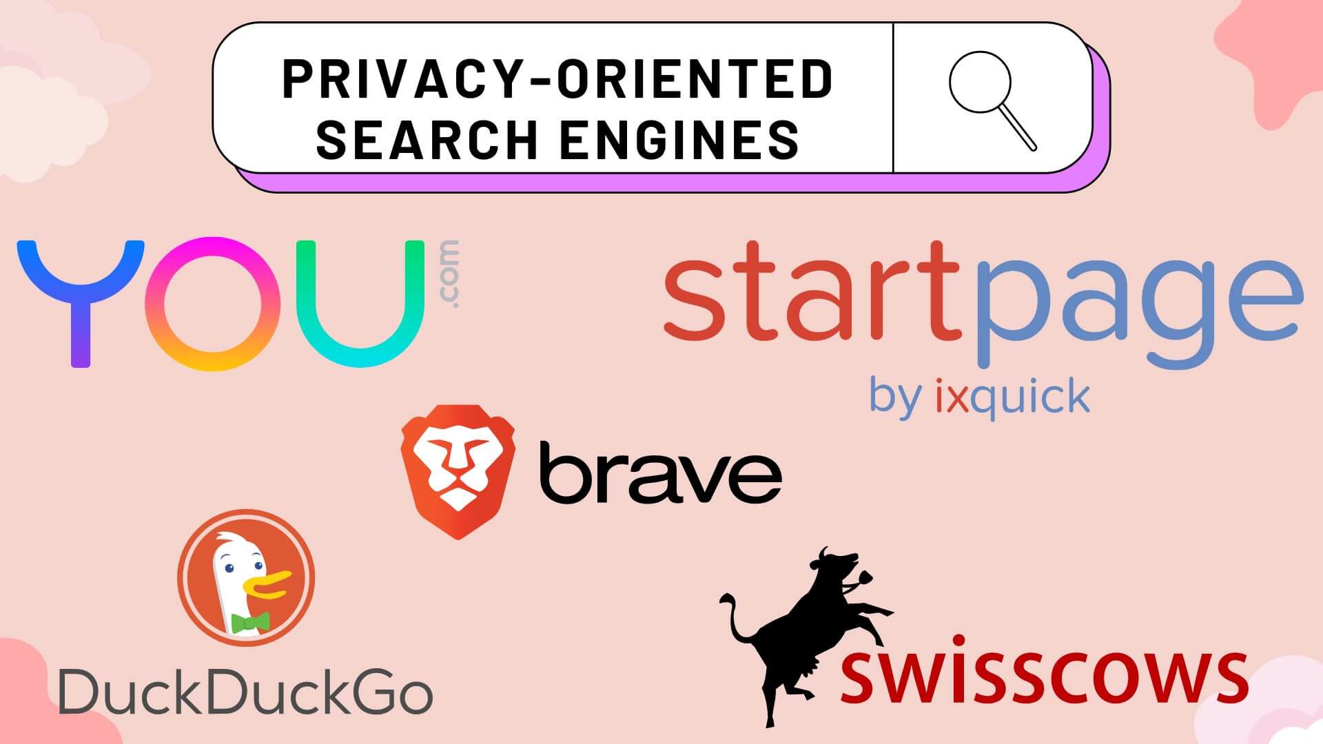 creative Showing best search engine for privacy include DuckDuckGo, Startpage, Swisscows, Brave Search, You.