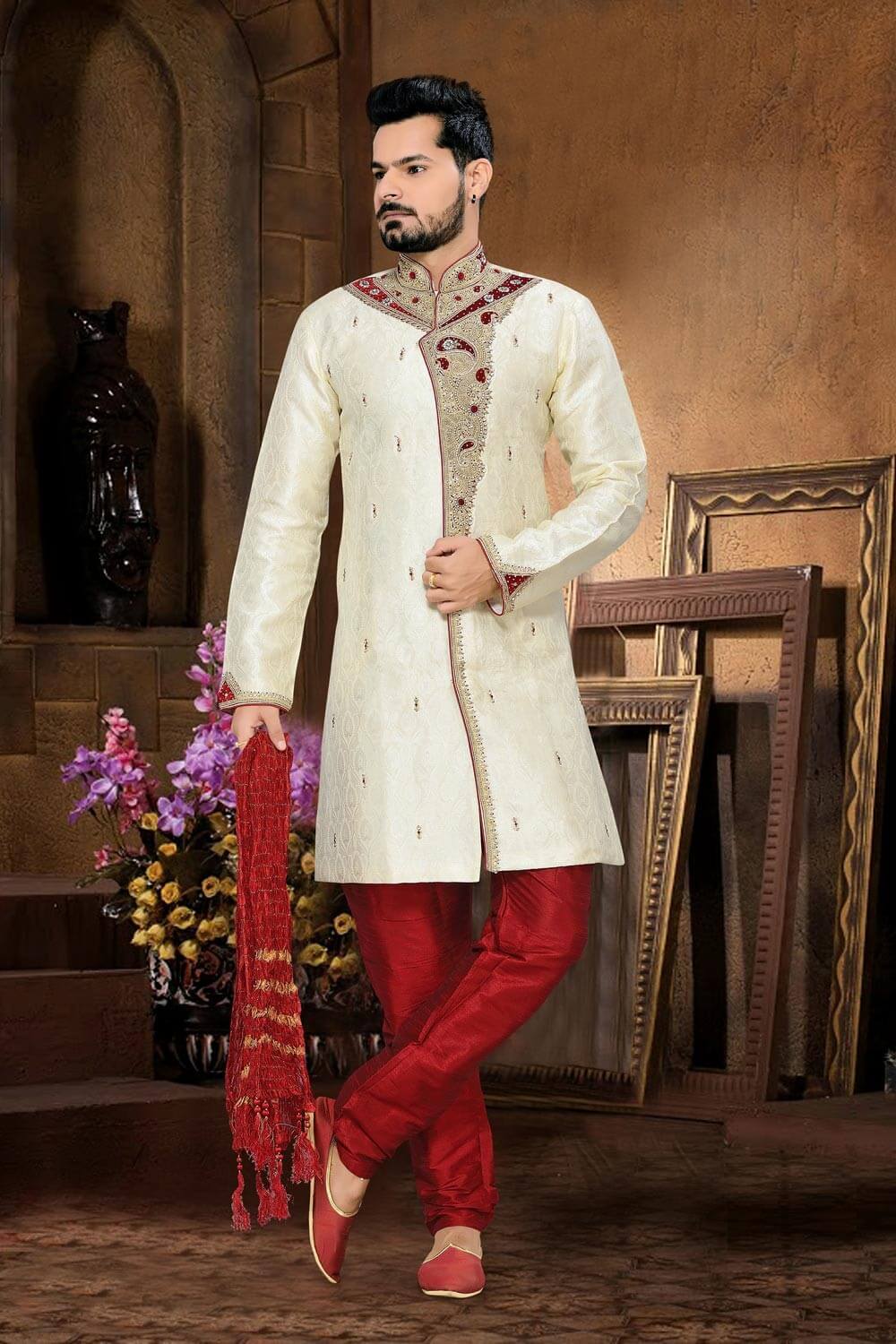 Cream Jacquard Art Sherwani