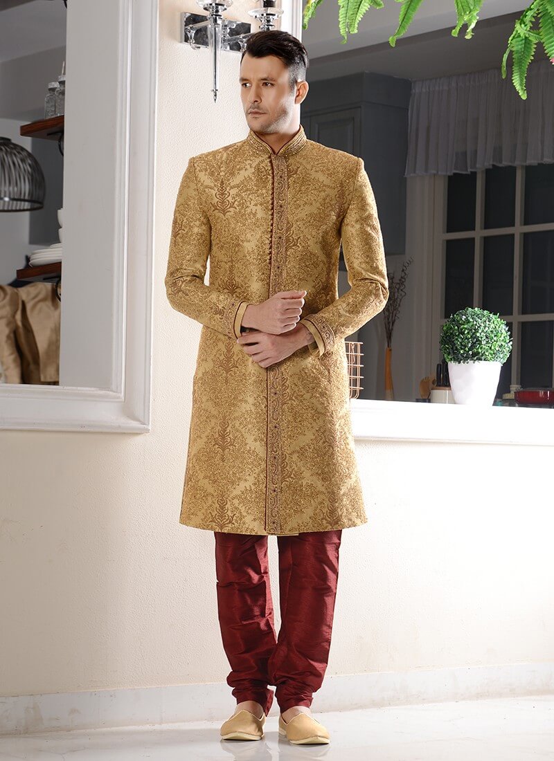 Embroidered Brocade Sherwani in Golden