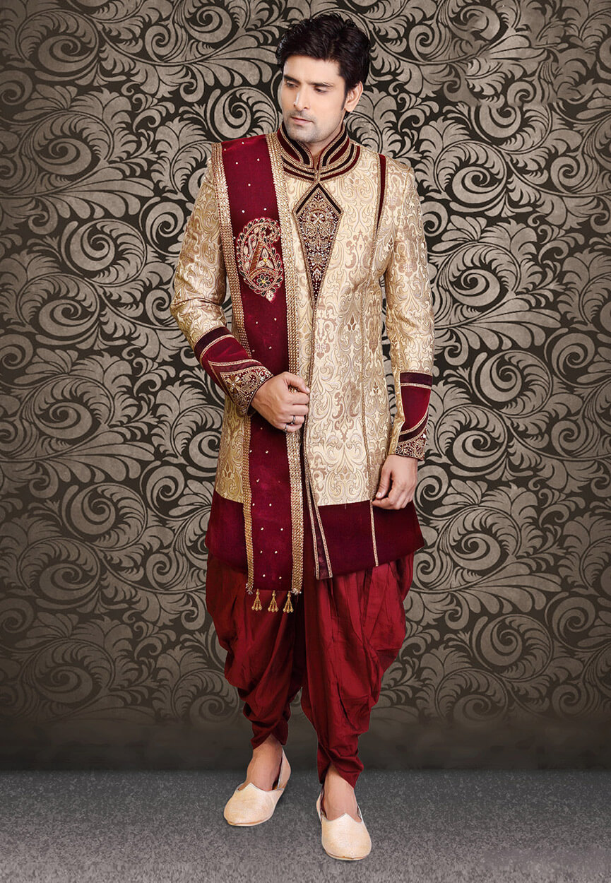 Hand Embroidered Brocade Jacket Style Sherwani in Light Beige