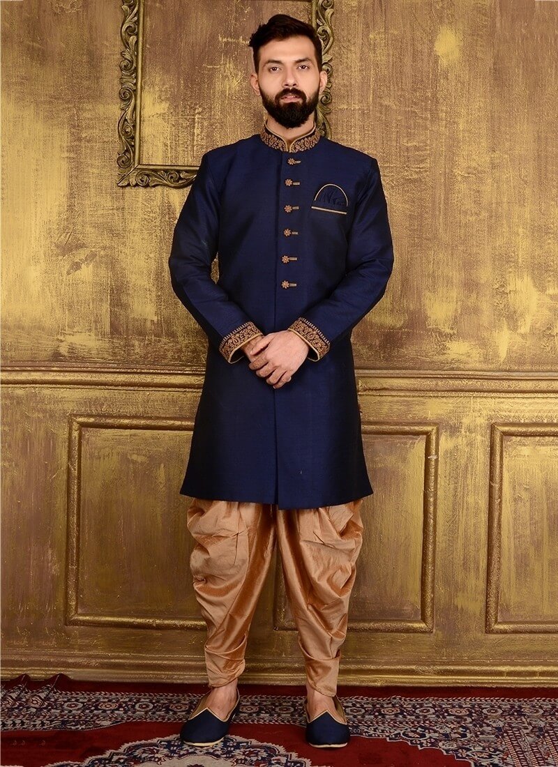 Navy Blue Khadi Dhoti Sherwani