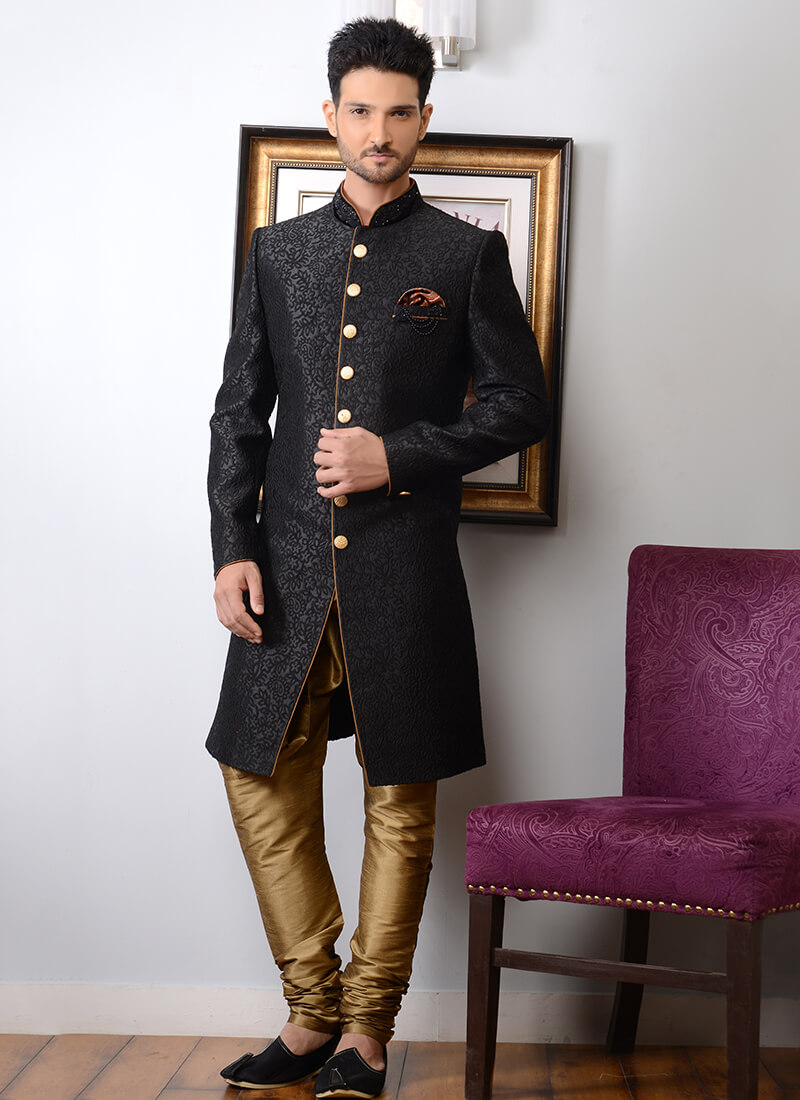 Woven Art Silk Sherwani in Black