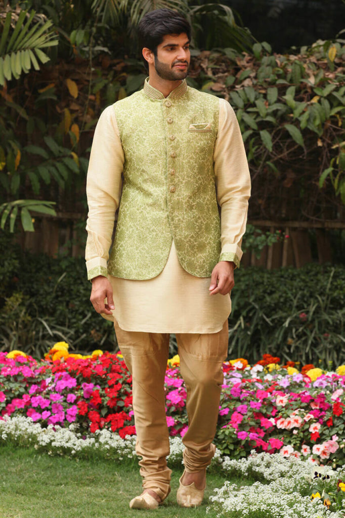 Retrograde Light Green Jacket with Kurta Set