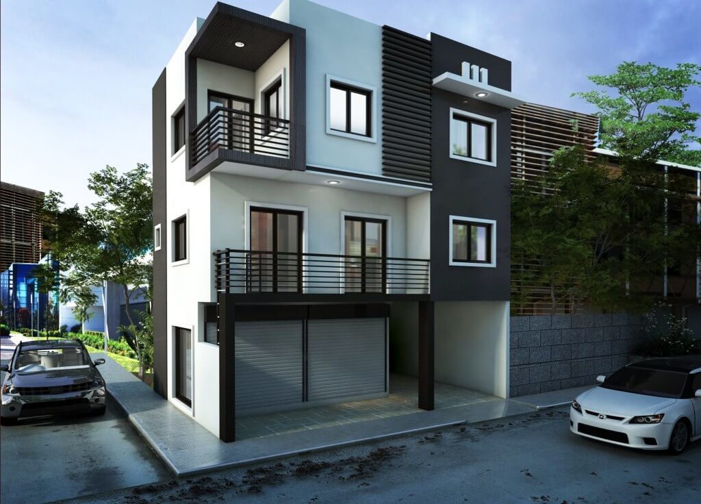 3 storey house design with rooftop black grey white color combo corner home 
