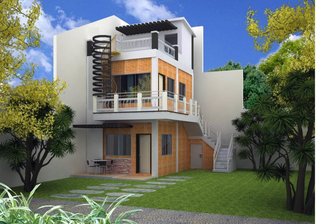 3 storey house design with rooftop orange wall and white roof revolving staircase and small gardern in front