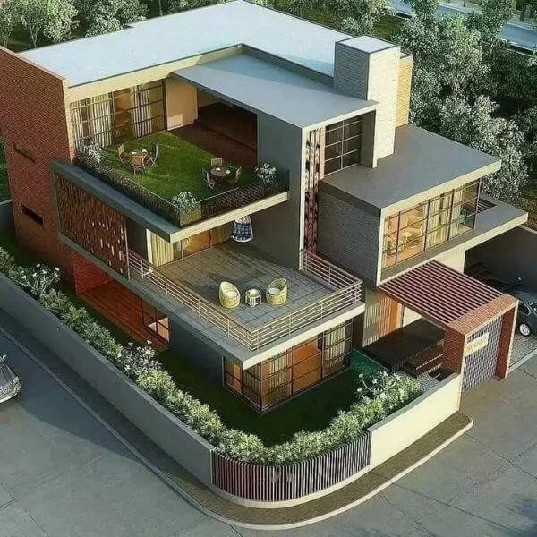3 storey house design with rooftop 1st floor simple sitting area and 2nd floor gardern sitting area and 3rd floor rooftop flat