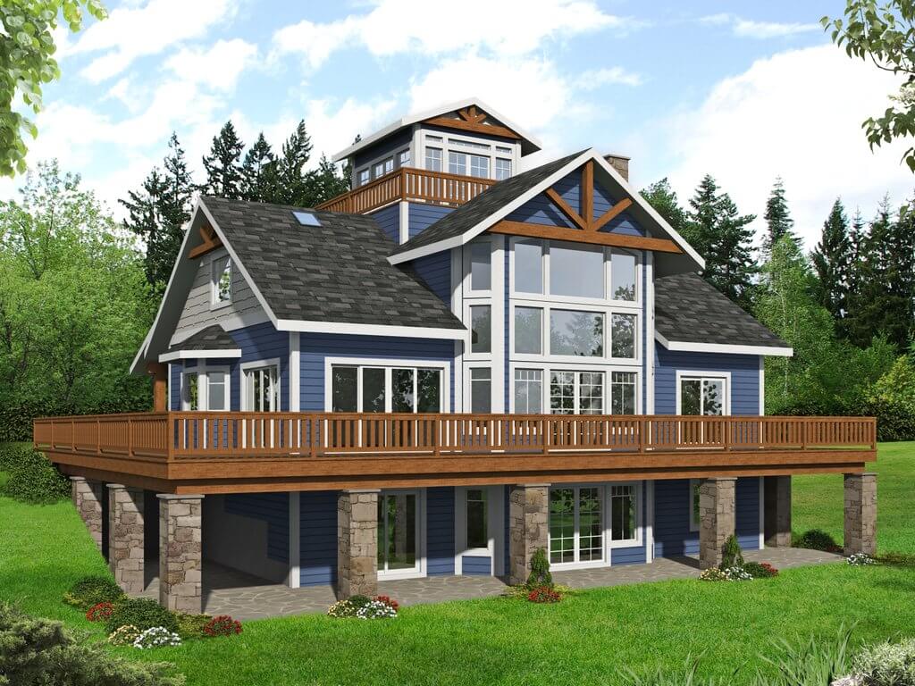 3 story building design with gardern and wooden tradition look glass window and V shape roof