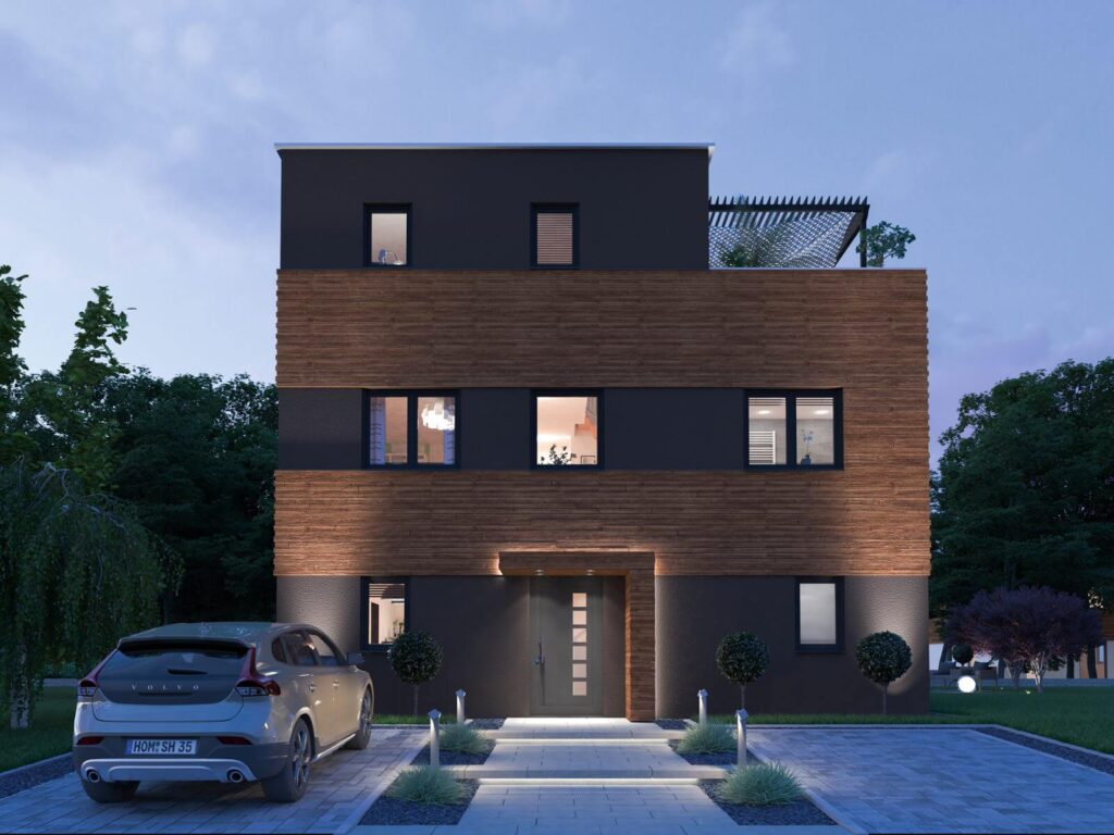 3 storey modern house design black and brown combo with window facing road