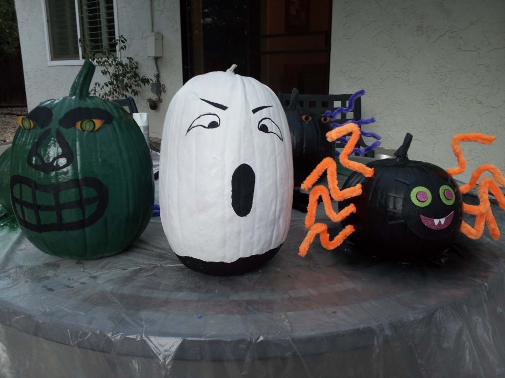 Little Black Spider, white Boo and Green grenade Characters through Pumpkin Painting