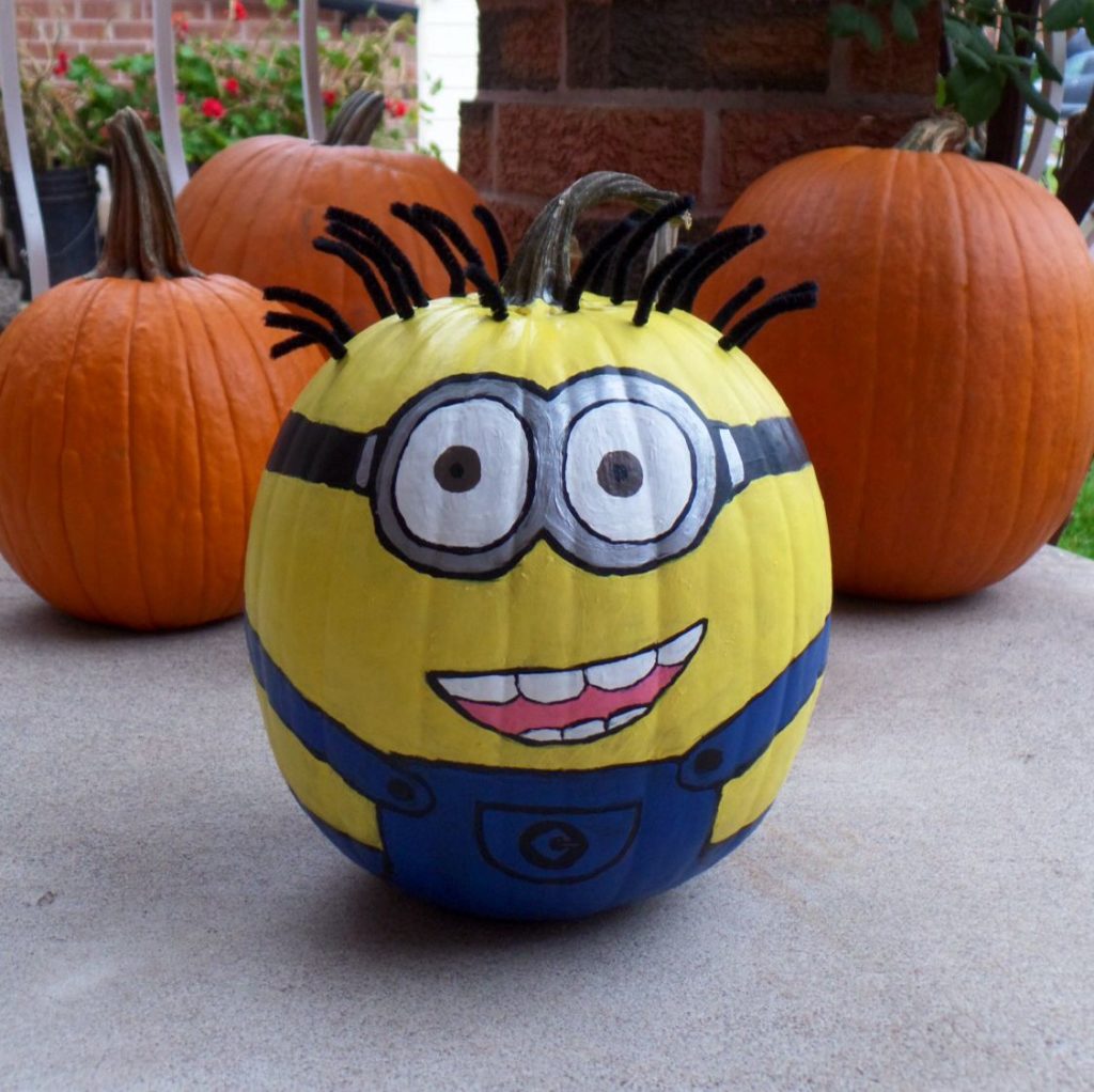 Cute & Funny Minion Pumpkin Painting with fake Hair