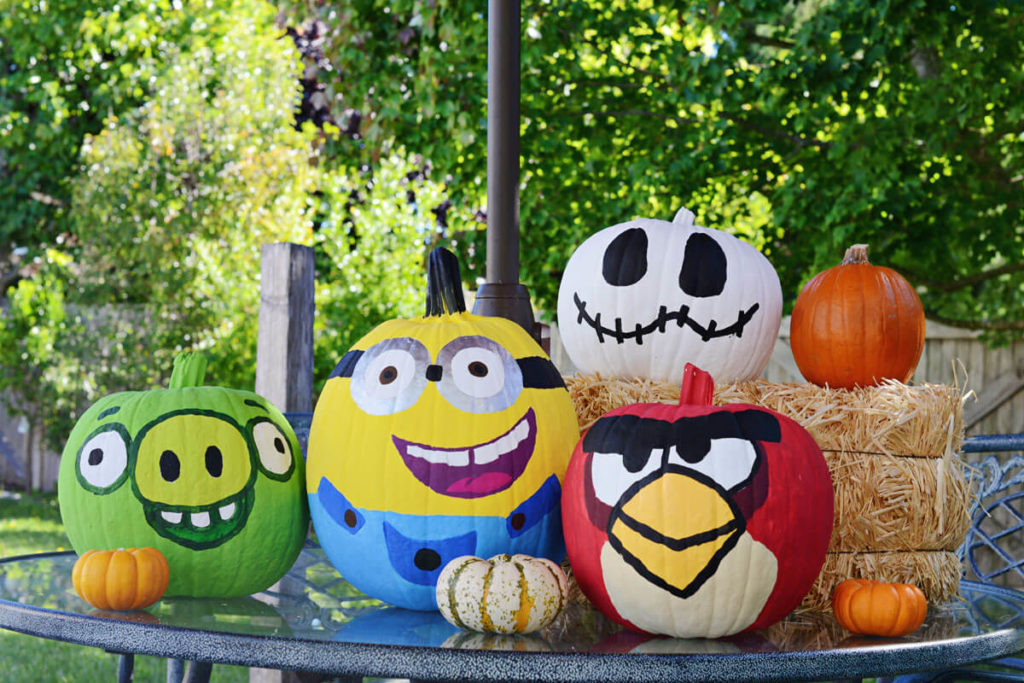 Cute Cartoon character Minion, Angry bird, White Spooky Halloween Pumpkin Painting Ideas