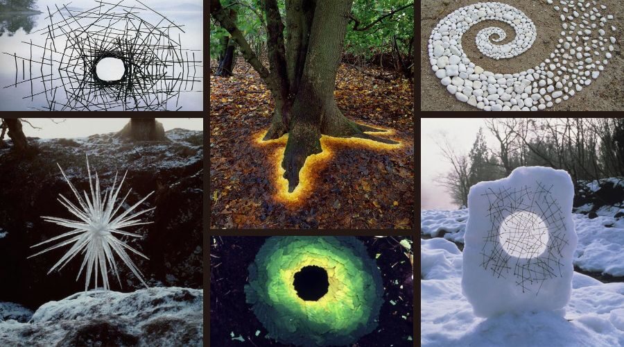 college with a bunch of images of Andy goldsworthy artwork from various forms like land art, Ice art, Leaf art, stone art.