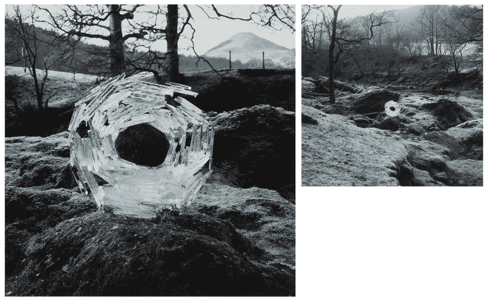 Andy Goldsworthy's land art - a solid circle of ice art on a rock, blending nature and creativity.