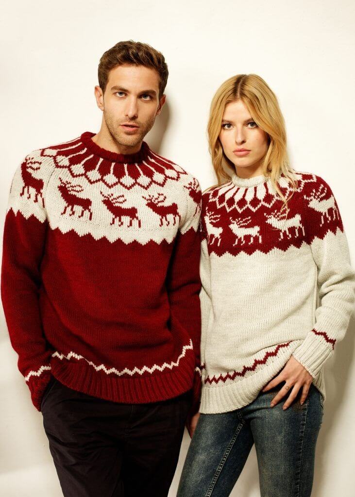 Knitted Deer Running Print Red and White Christmas Couple Sweaters