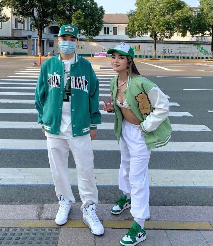 Cute Green Bomber Jacket with White Joggers Matching Outfits for Couple