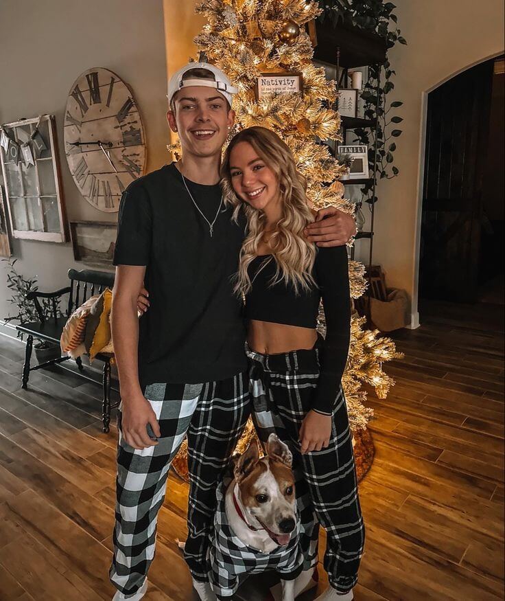 Matching Black Shirt and Black and White Checked pajamas Christmas Outfit for Couples