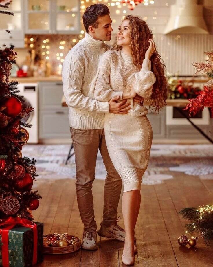Matching white Sweater and Skirt outfits for couples