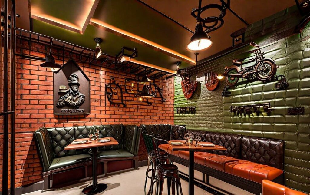 rustic Bikers cafe Vintage look and modern lighting and Sitting area