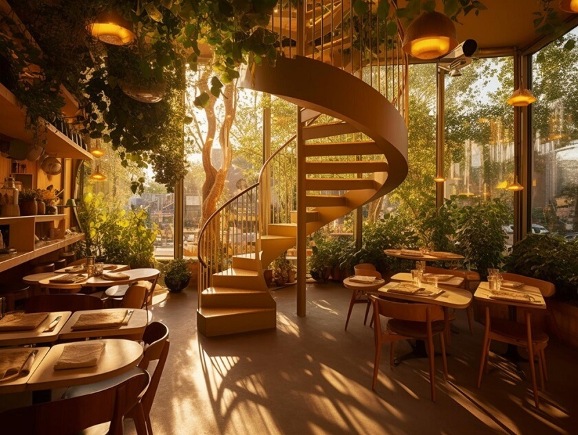 Wooden Rotating Stairs and Sitting area Singapore cafe style fusion with natural plants on roof