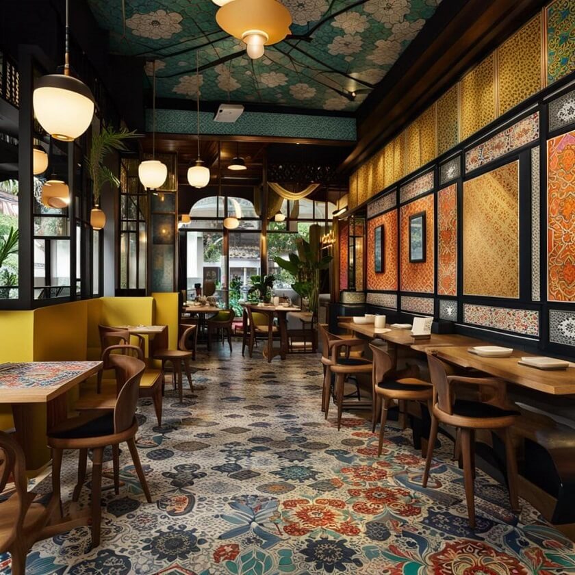 Ancient look flower print on floor, walls and Roof with wooden chairs on either side and Basic Lighting.