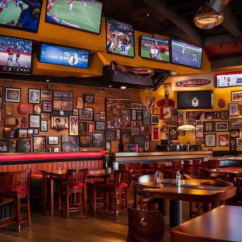 Ultimate Sports cafe with Display on roof showing Sports matches and Frames on the wall showing Big moments in sports and a sitting area