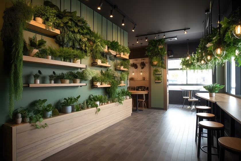 horizontal shelves with plants on the wall, and hanging plants from the roof wooden and black chairs showing Sustainable theme cafe