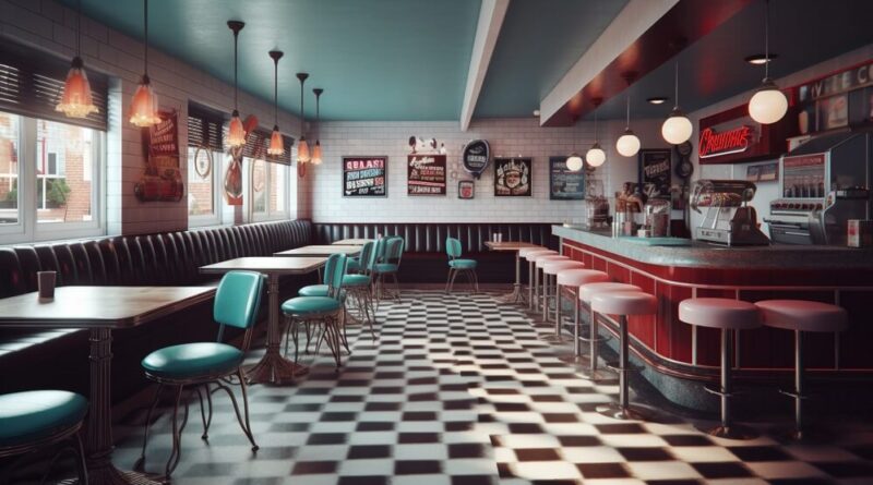 Vintage 90’s Cafe look with vibrant pink/red and Teal tone cafe interior and black and white chess like ground and frames on the wall.