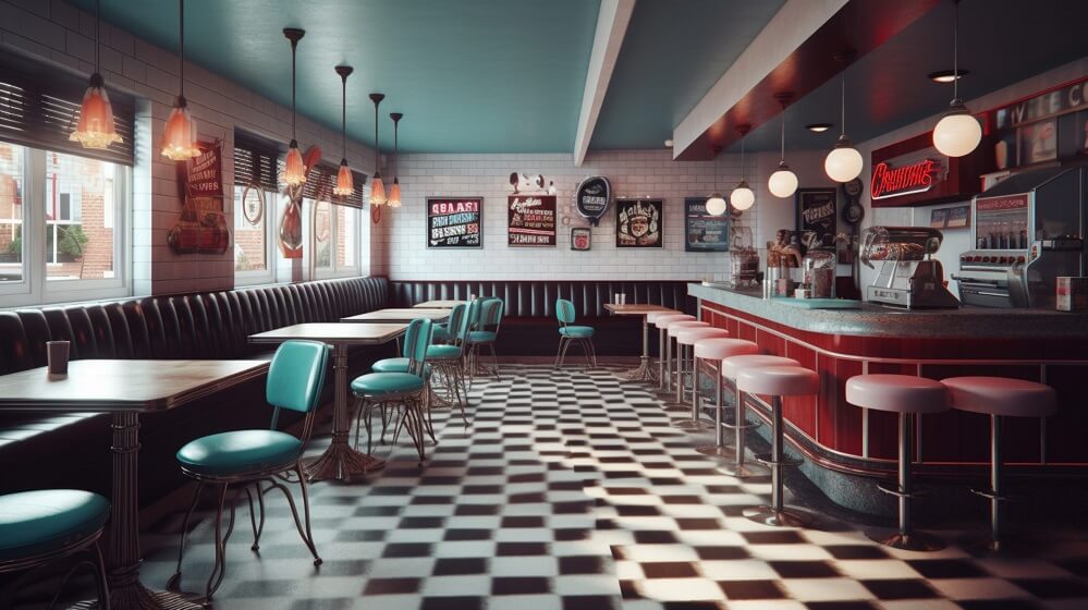 Vintage 90’s Cafe look with vibrant pink/red and Teal tone cafe interior and black and white chess like ground and frames on the wall.