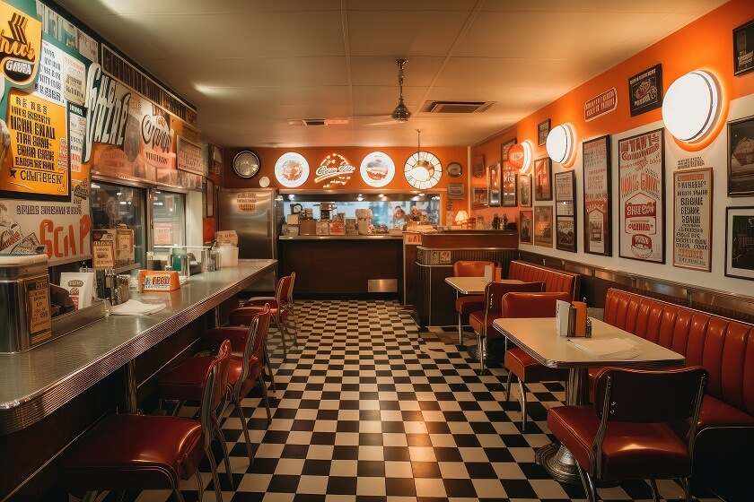 Vintage ancient Cafe interior chess type black and white ground with red nostalgic vibe chair and lighting