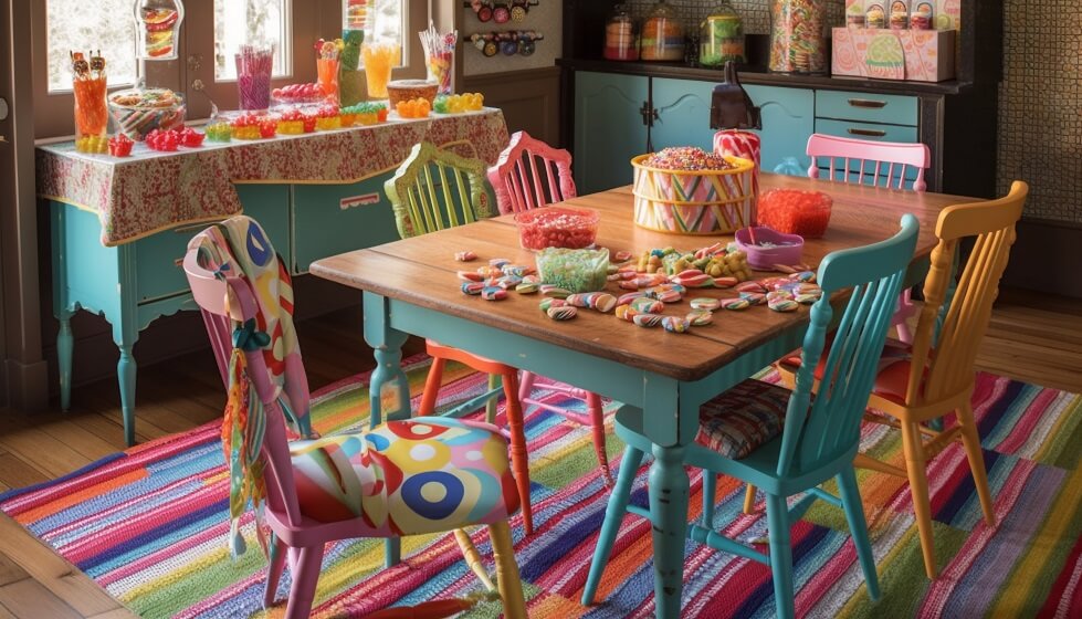 Colourful chairs, wooden Table and chocolates on the table with DIY task theme cafe