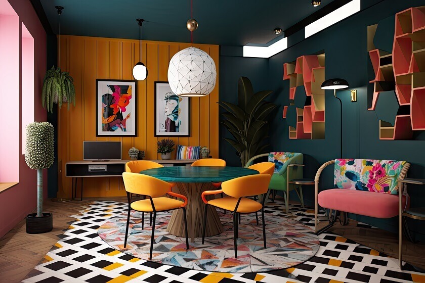 Colorful art cafe theme idea with various Color tone and a sitting area in middle