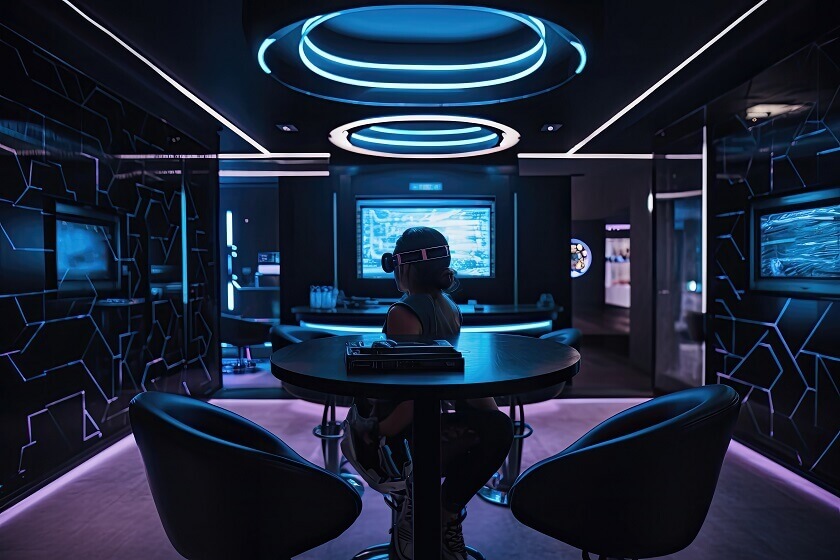 Futuristic Gaming cafe interior with futuristic Lighting dark theme Cyberpunk look and girl sitting in middle of chair