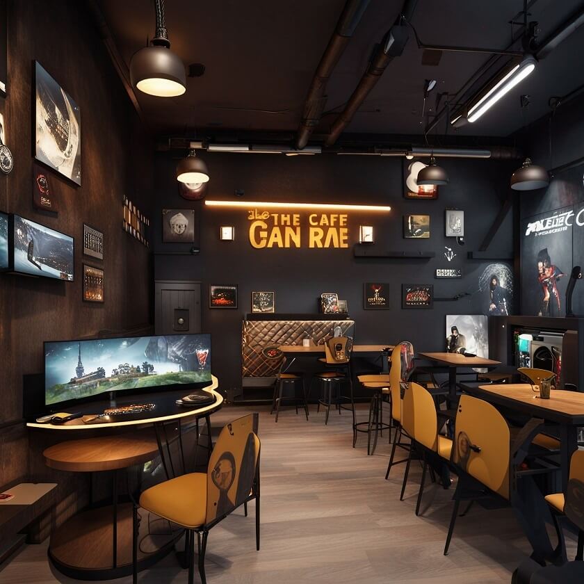 black wall and basic yellow chair creating Gamers Cafe vibe with big display on table and basic lighting