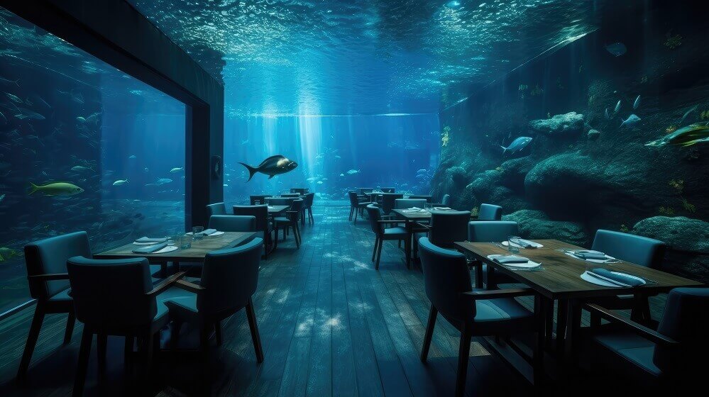 underwater cafe theme with sitting chairs