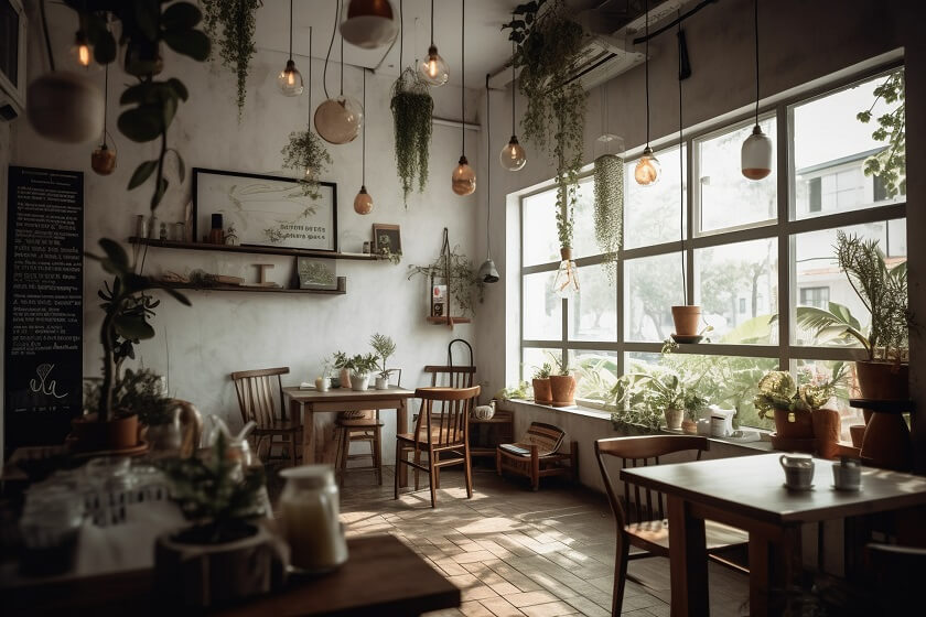 white wall boho style cafe with plants hanging from rooftop and rustic wooden chair and a big window to pass light.