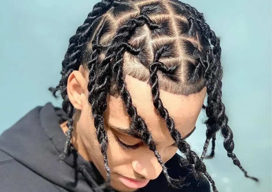 a men showcasing only his Hairstyle which is Twist Dreadlocks with solid blue tone background and guy wearing Black Hoodie