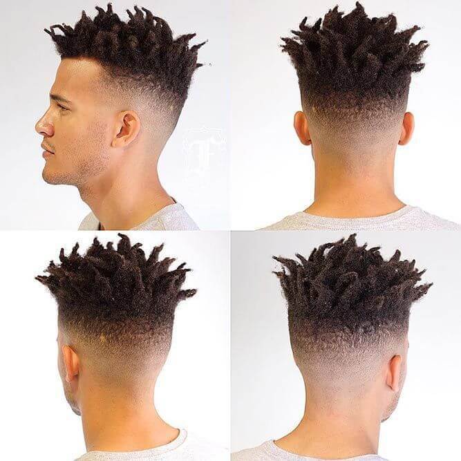 A man's hair is shown in four different angle of Dreadlocks With Taper Fade.