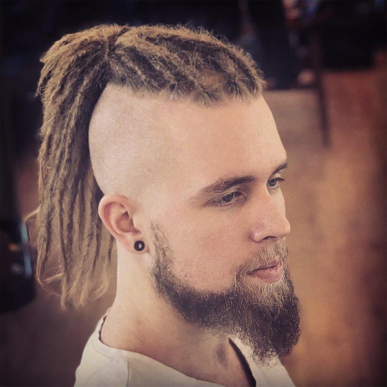 Mohawk Dreadlocks for men with blonde Hair long tailpony and fade in side 