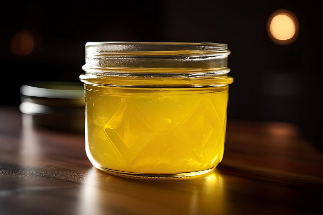 Placing Reuse Honey jar in freezer causes Frozen ghee clarified wooden table
