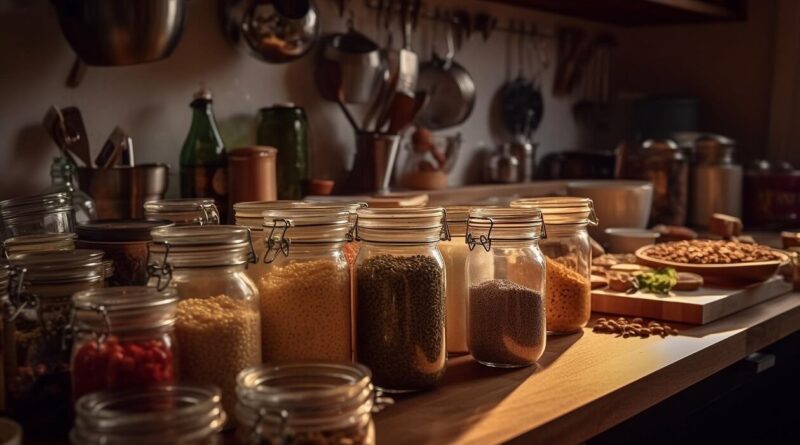 kitchen counter with honey reuse jars food it