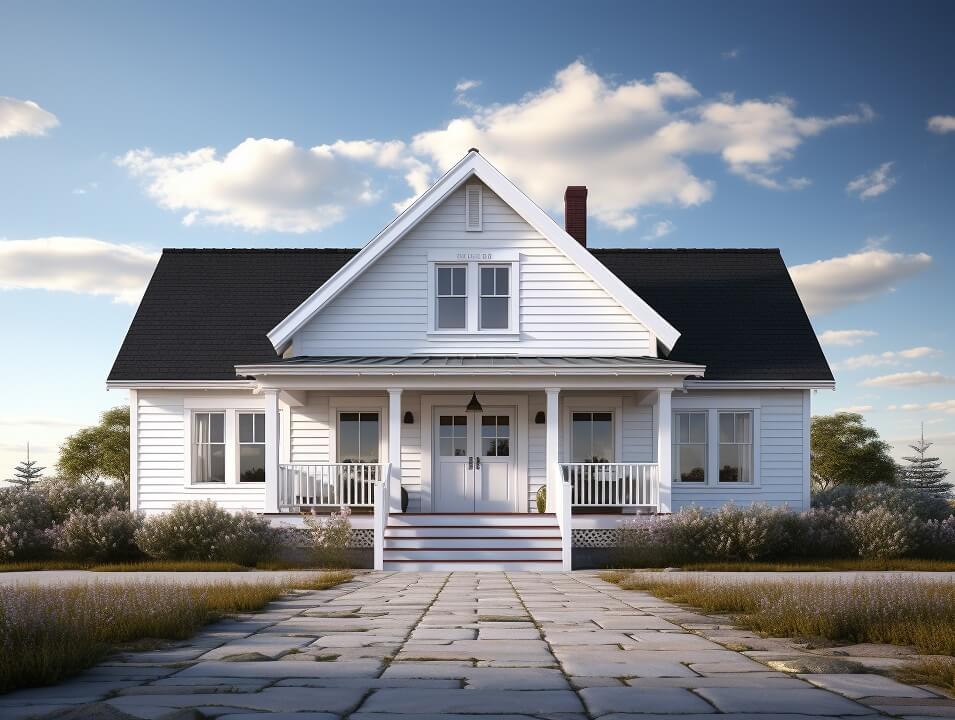 Classic Small White Home with A shape Roof and White Door with black trim