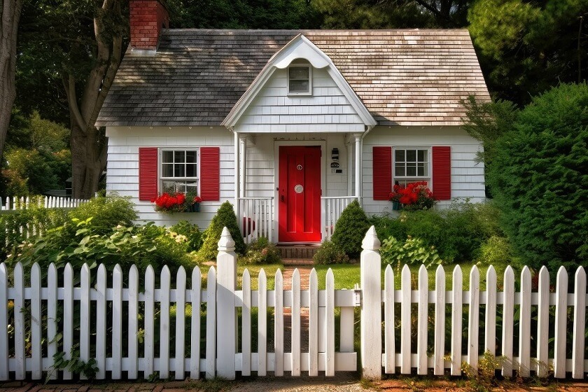 Cottage Small white house brown Roof red Door and Black trim and Privay Fence